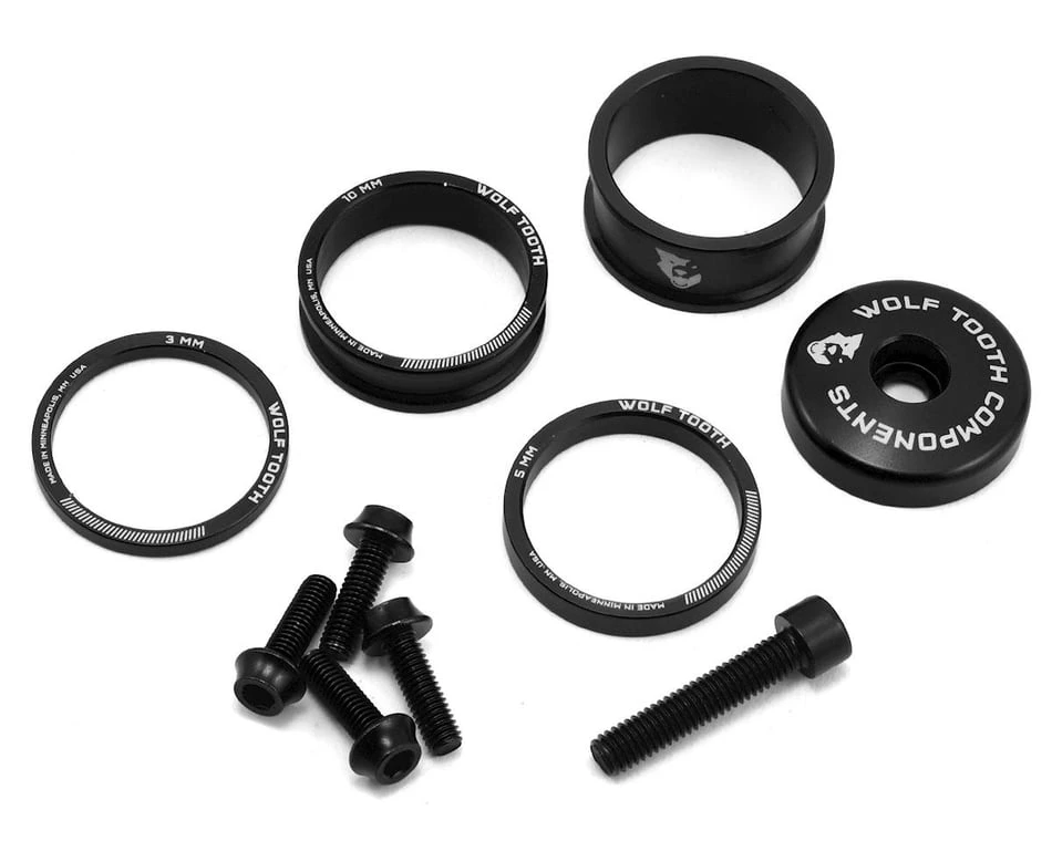 Wolf Tooth Components Headset Spacer BlingKit (Black) (3, 5, 10, 15mm) (w/ Bottle Cage Bolts) 3 Wolf Tooth Components Headset Spacer BlingKit (Black) (3, 5, 10, 15mm) (w/ Bottle Cage Bolts)