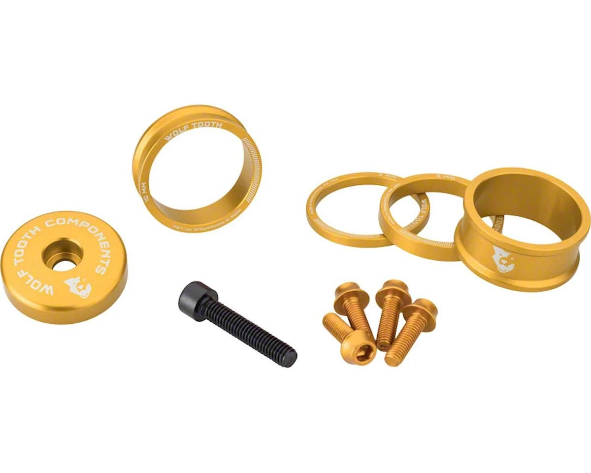 Wolf Tooth Components Headset Spacer BlingKit (Gold) (3, 5, 10, 15mm) (w/ Bottle Cage Bolts) 3 Wolf Tooth Components Headset Spacer BlingKit (Gold) (3, 5, 10, 15mm) (w/ Bottle Cage Bolts)