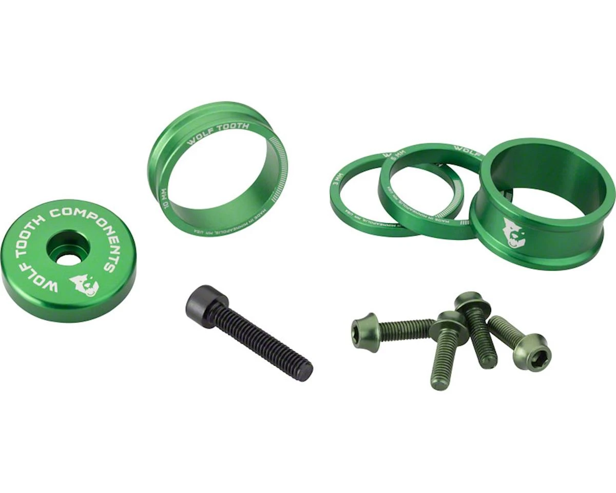 Wolf Tooth Components Headset Spacer BlingKit (Green) (3, 5, 10, 15mm) (w/ Bottle Cage Bolts) 3 Wolf Tooth Components Headset Spacer BlingKit (Green) (3, 5, 10, 15mm) (w/ Bottle Cage Bolts)